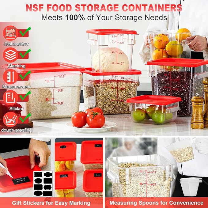 2QT&4QT NSF Food Storage Containers with Lids: 4 PCS [Total Food Grade][Hot&Cold Resistant] Commercial Clear Food Storage Containers for Restaurant Kitchen Proof Dough (Red)