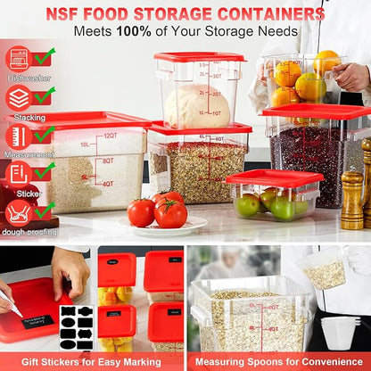 2QT&4QT NSF Food Storage Containers with Lids: 4 PCS [Total Food Grade][Hot&Cold Resistant] Commercial Clear Food Storage Containers for Restaurant Kitchen Proof Dough (Red)