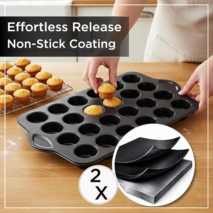 Wrenbury 24-Cup Mini Muffin Pan - PFOA-Free Non-Stick, Premium Carbon Steel | 1.8" Cups, Dishwasher Oven and Freezer Safe, Heavy Gauge