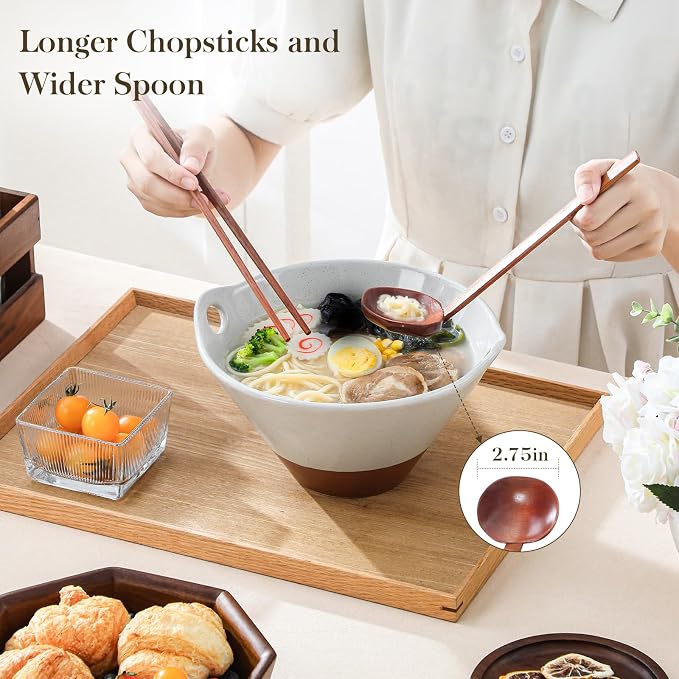 MALACASA 42 oz Ceramic Ramen Bowl Set with Wooden Spoon & Chopsticks, Japanese Style Soup Bowls for Ramen, Pho, Noodles – Set of 2, Microwave & Dishwasher Safe, Series TARA (Gray and Khaki)