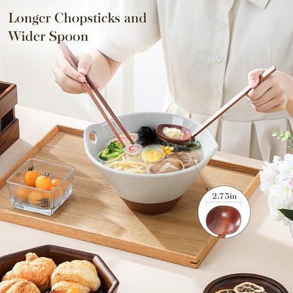 MALACASA 42 oz Ceramic Ramen Bowl Set with Wooden Spoon & Chopsticks, Japanese Style Soup Bowls for Ramen, Pho, Noodles – Set of 2, Microwave & Dishwasher Safe, Series TARA (Gray and Khaki)