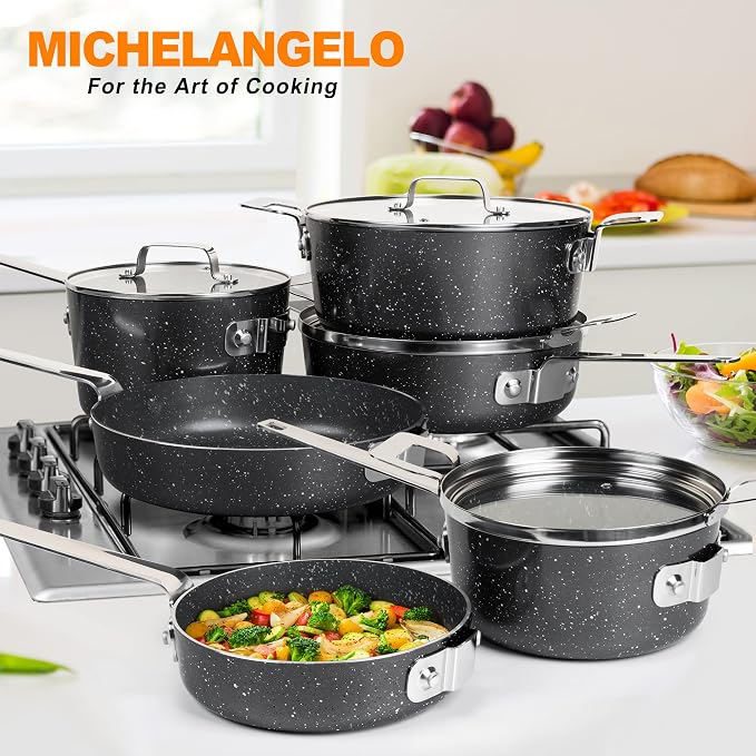 MICHELANGELO Stackable Pots and Pans Set, 10-Piece Nonstick Cookware with Stone Coatings, Space Saving - Gray