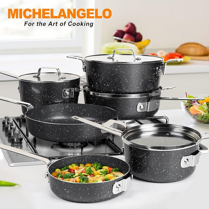 MICHELANGELO Stackable Pots and Pans Set, 10-Piece Nonstick Cookware with Stone Coatings, Space Saving - Gray