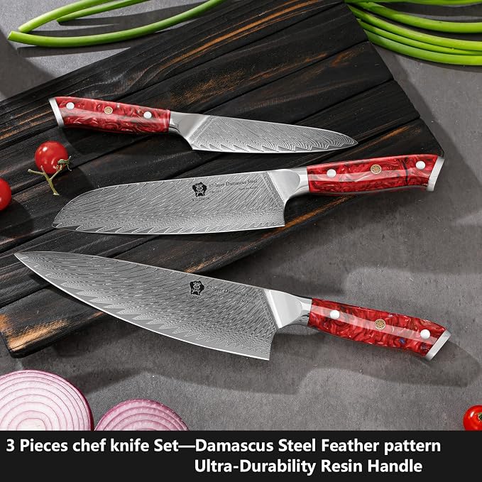WILDMOK Damascus Kitchen Knife Sets 3 PCS, Razor Sharp Kitchen Knives Made of Japanese Damascus Steel, Well-Balanced Damascus Chef Knife set with Premium Resin Full Tang Handle Triple Rivet Gift Box