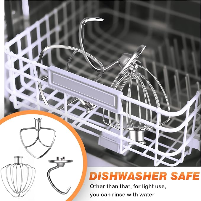 3 Pack Stainless Steel Mixer Attachments Set for KitchenAid 4.5-5 Quart Tilt-Head Stand Mixers, Replacement Parts Kit with K45DH Dough Hook, K45B Coated Flat Beater, K45WW Wire Whip, Dishwasher Safe