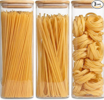 Pasta Storage Containers 3 Pack, 78oz Square Airtight Glass Spaghetti Container with Bamboo Lids, Tall Glass Pasta Storage Jar for Pantry Organization Spaghetti Linguine Fettuccine Cereal