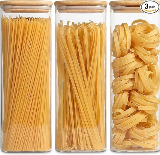 Pasta Storage Containers 3 Pack, 78oz Square Airtight Glass Spaghetti Container with Bamboo Lids, Tall Glass Pasta Storage Jar for Pantry Organization Spaghetti Linguine Fettuccine Cereal