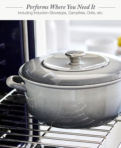 Merten & Storck 7QT Round Dutch Oven Casserole Pot with Lid, European Crafted Enameled Iron Stockpot, Induction & All Cooktops, Braising, Stews, Roasting, Slow Cooking, Sourdough, Cloud Gray