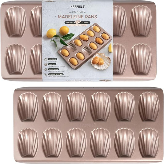 HAPPIELS 12-Well Madeleine Pan 2-Pack Nonstick, PFOA & BPA Free | 24- Well Non Stick Nontoxic Madeleines Pans for oven baking | Madeleine Cake Cookie Mold | Madeleine tray