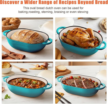 Enameled Cast Iron Oval Dutch Oven Pot with Lid, 5 QT Dutch Oven for Sourdough Bread Baking, Bread Loaf Pan with Lid & Bread Oven (Blue-Green)