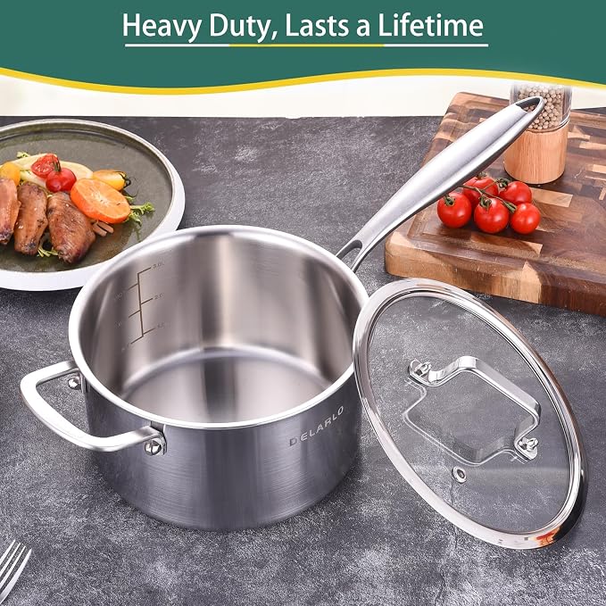 DELARLO Tri-Ply Stainless Steel Saucepan, 3.5 QT Saucepan with Lid, All Stove Compatible 500℉, Induction Sauce Pot, Heavy Duty Saucier, Dishwasher Safe Saucepan, Induction Pot 3.5 Quart, Even Heat