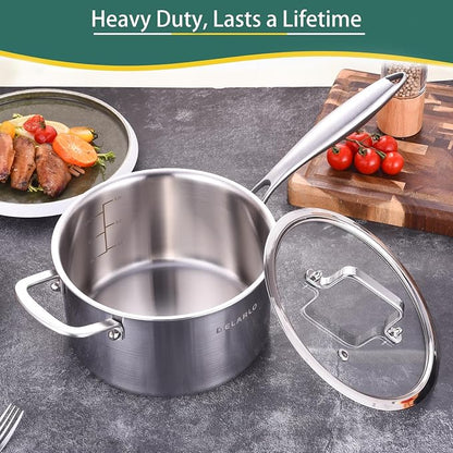 DELARLO Tri-Ply Stainless Steel Saucepan, 3.5 QT Saucepan with Lid, All Stove Compatible 500℉, Induction Sauce Pot, Heavy Duty Saucier, Dishwasher Safe Saucepan, Induction Pot 3.5 Quart, Even Heat
