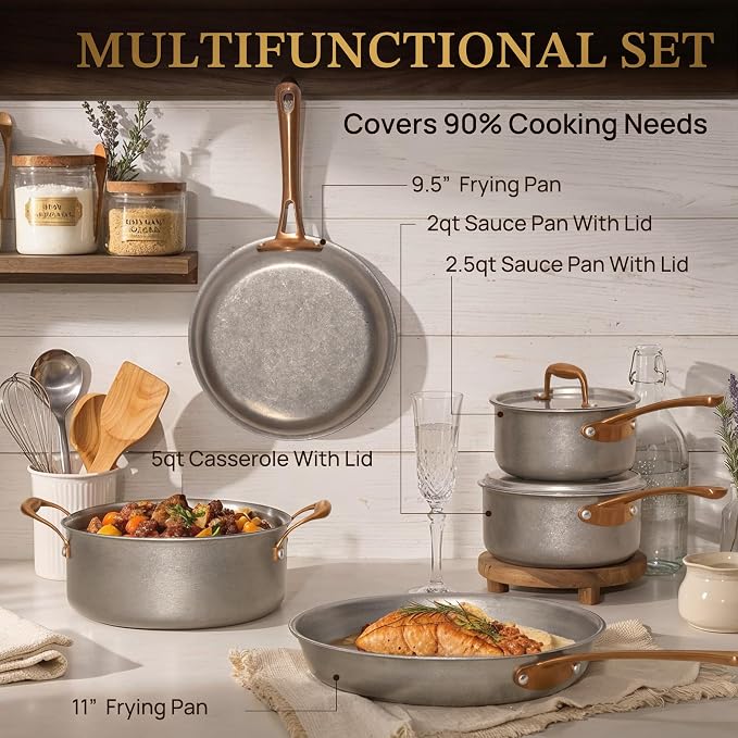 KOKHUB Pots and Pans Set 8 Pcs, Vintage Stainless Steel Cookware Set Non-Toxic, PFOA/PFOS/PTFE Free, Kitchen Cooking Set with Frying Pans, Saucepans, Oven & Dishwasher Safe, Induction Compatible