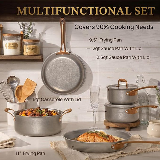 KOKHUB Pots and Pans Set 8 Pcs, Vintage Stainless Steel Cookware Set Non-Toxic, PFOA/PFOS/PTFE Free, Kitchen Cooking Set with Frying Pans, Saucepans, Oven & Dishwasher Safe, Induction Compatible