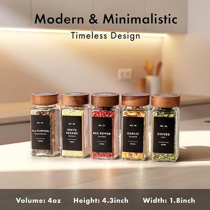 EDELHAUS Square Spice Jars with Acacia Wooden Lid (Pack of 36) Spice Jars with Shaker Insert and 240 White Labels - Acacia Lid Glass Container for Spice Organisation [4.3 in × 1.8 in]