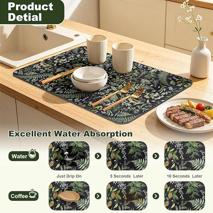 LOKHOM Dish Drying Mat for Kitchen Counter, 12"x20" Absorbent Coffee Bar Mat with Vintage Botanic Fern Leaves, Sage Green Plant Dish Drainer Rack Mat for Kitchen Counter