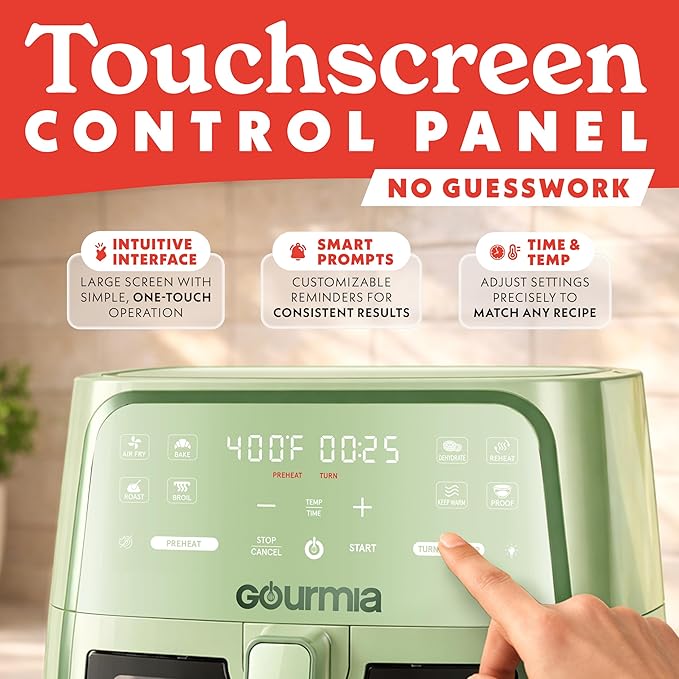 Gourmia 8 Qt Air Fryer, 8 Presets with Digital Display, FryForce 360° Technology, Easy View Window & Interior Light, Dishwasher Safe Basket, Green