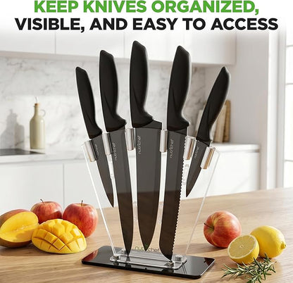 NutriChef 7 Piece Kitchen Knife Set - Stainless Steel Kitchen Precision Knives Set w/ 5 Knives & Bonus Sharpener, Acrylic Block Stand - Cutting Slicing, Chopping, Dicing - NCKNS7X