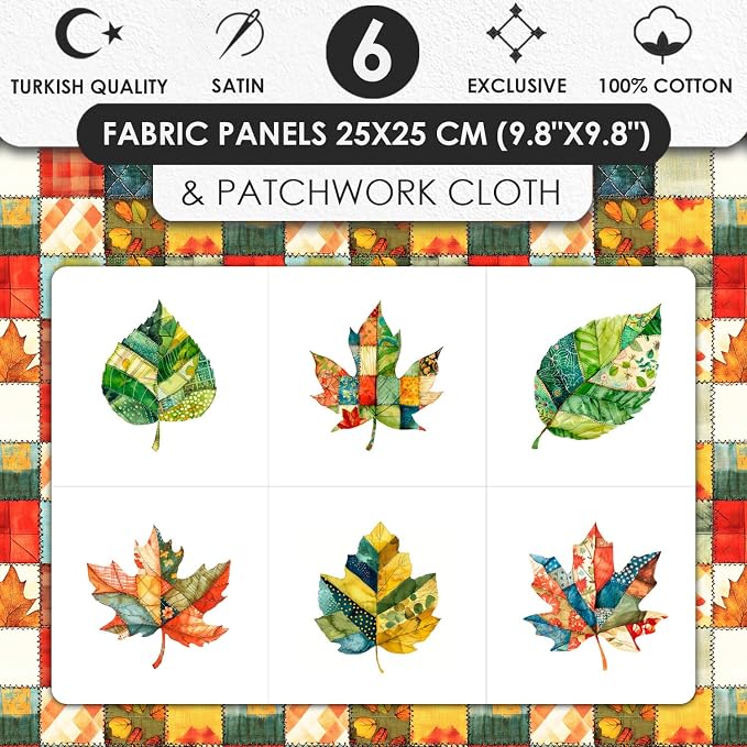 Autumn Leaf Patchwork Cotton Fabric Panel – 6 Designs (10×10 inch Each) + Bonus Sheet 29.5×19.6 inch, 100% Cotton 140 GSM, Made in Türkiye