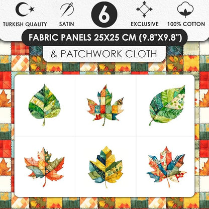 Autumn Leaf Patchwork Cotton Fabric Panel – 6 Designs (10×10 inch Each) + Bonus Sheet 29.5×19.6 inch, 100% Cotton 140 GSM, Made in Türkiye