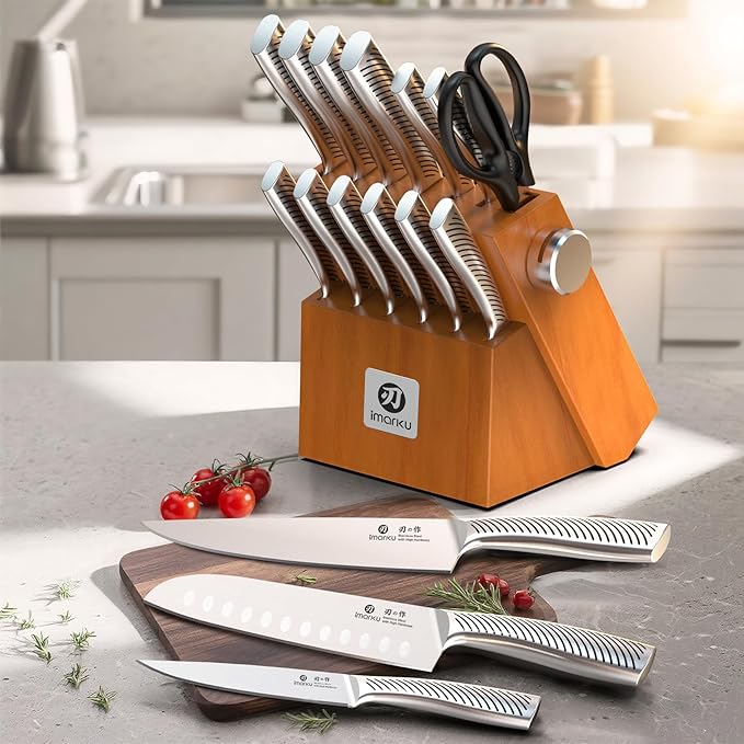 imarku Knife Set, 14 Piece Premium Kitchen Knife Block Set, Razor Sharp Japanese Chef Knives Set for Kitchen with Built-in Sharpener, Dishwasher Safe & Quality Acacia Wood Block, Gift for Women