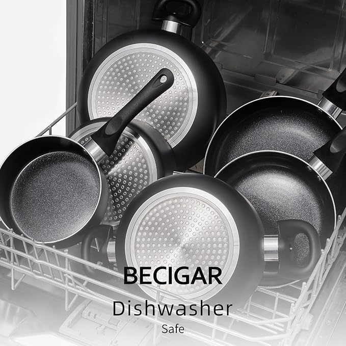 BECIGAR 8 Pcs Ceramic Pots and Pans Set, Cooking Pan Set, Nonstick Cookware Set, Induction Safe Kitchen Cooking Set with Frying Pans, Saucepans, shovel and Ladle, Blcak
