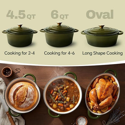 Vintage Style Oval Dutch Oven for Bread Baking, 4.5 Quart Non Stick Enameled Cast Iron Dutch Oven Pot with Lid, Oven Safe Oval Casserole with Lid up to 500°F for Baking, Braising, Stews, Roasting, Golden Green