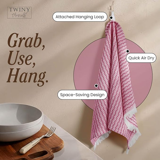 TWINY threads Dish Towel Chevron Pattern, Premium 100% Cotton Kitchen Linen Set, Large Wash Rags for Drying Dishes, Absorbent Quick Drying, Reusable, 4 Pack, 16"x26", Burgundy Wine
