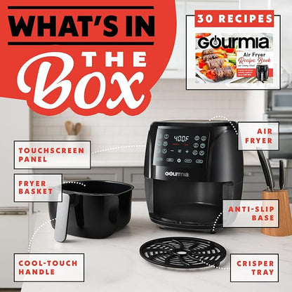Gourmia Air Fryer - 4 Qt Capacity, FryForce360º, Digital Display with 8 Presets, Roast, Bake, Broil, Dehydrate, Dishwasher Safe Accessories, Compact, Black