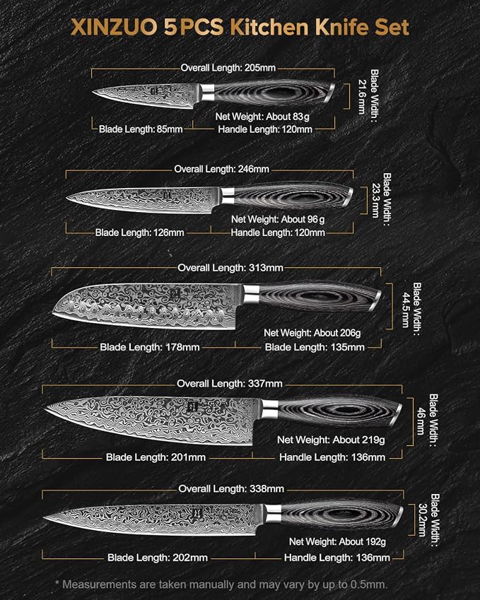 XINZUO 5-Piece Kitchen Knife,Super Sharp Damascus Steel Professional Chef Knife Set with Pakkawood Handle, Gift Box