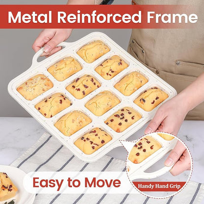 CAKETIME Silicone Mini Loaf Pan with Metal Frame, Mini Bread Loaf Pan 12 Cups for Baking Bread, Brownie, Cornbread, Cheesecake, Soap Nonstick (1 Pack)