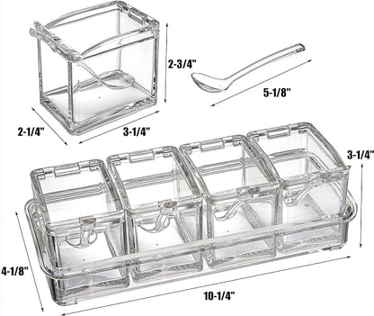 Yesland Clear Seasoning Rack Spice Pots - 4 Piece Storage Container Condiment Jars - Acrylic Seasoning Box, Cruet with Cover and Spoon
