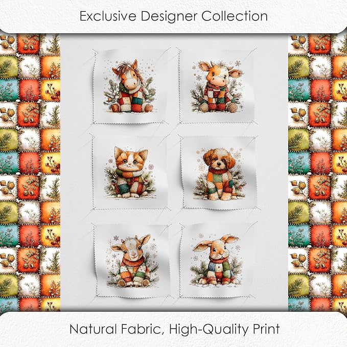 Cozy Animals Patchwork Quilting Fabric Panel – 6× (10×10 inch) Blocks + Bonus Patchwork Sheet 29.5×19.6 inch, 100% Cotton 140 GSM, Winter Forest Animal Theme