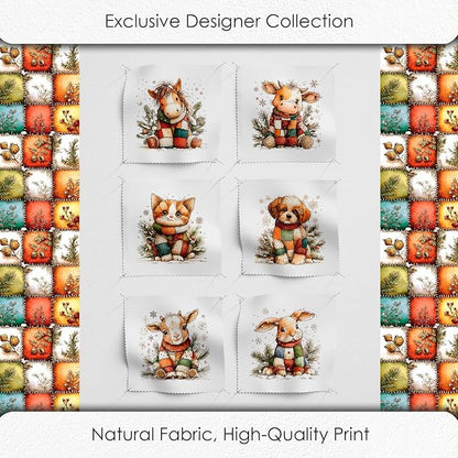 Cozy Animals Patchwork Quilting Fabric Panel – 6× (10×10 inch) Blocks + Bonus Patchwork Sheet 29.5×19.6 inch, 100% Cotton 140 GSM, Winter Forest Animal Theme