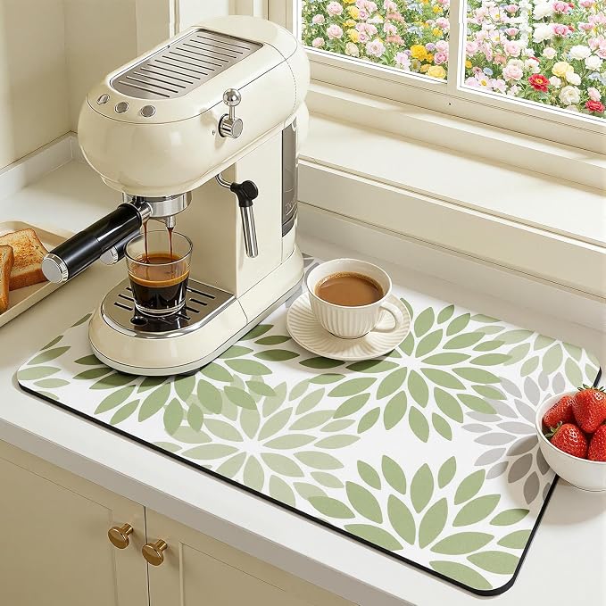 Findosom Floral Dish Drying Mat, 16" x 18" Super Absorbent & Hide Stain Coffee Mat, Cuttable Drying Mat for Kitchen Counter, Under Dish Rack, Coffee Maker, Espresso Machine, Sage Green