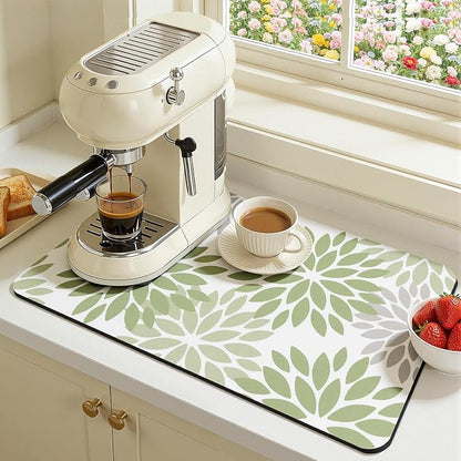 Findosom Floral Dish Drying Mat, 16" x 18" Super Absorbent & Hide Stain Coffee Mat, Cuttable Drying Mat for Kitchen Counter, Under Dish Rack, Coffee Maker, Espresso Machine, Sage Green