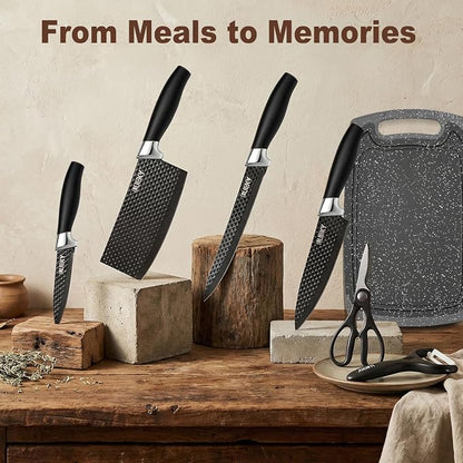 Knife Set, 7 Pieces Kitchen knife Set with Healthy Anti-Rust Coating, Stainless Steel Professional Chef Knife Sets with Elegant Box, Kitchen Knives with Scissors & Peeler & Cutting Board for Cooking