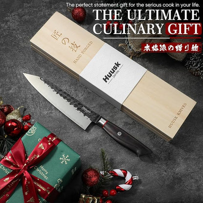 Huusk Kiritsuke Japanese Chef Knife - Hand Forged Japanese Knives with VG10 Steel Core, Ergonomic Handle 8 inch Kitchen Knife for Meat Sashimi Vegetable, Elegant Gift Box, Pro Chef's Choice