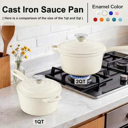 2 Pcs Enameled Sauce Pan with Lid, Leonyo 1 Qt & 2 Qt Cast Iron Saucepan Set, Small Bread Dutch Oven Pots for All Kitchen Cooktops Cooking Pasta, Milk, Soup - Up to 500°F, Cream White