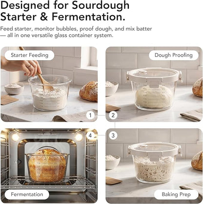 Premium Sourdough Starter & Dough Proofing Set, 2-Piece Borosilicate Glass Containers with Airtight Lids, Wide Mouth Measuring Bowls for Baking & Fermentation, Microwave & Oven Safe (24oz & 71oz)