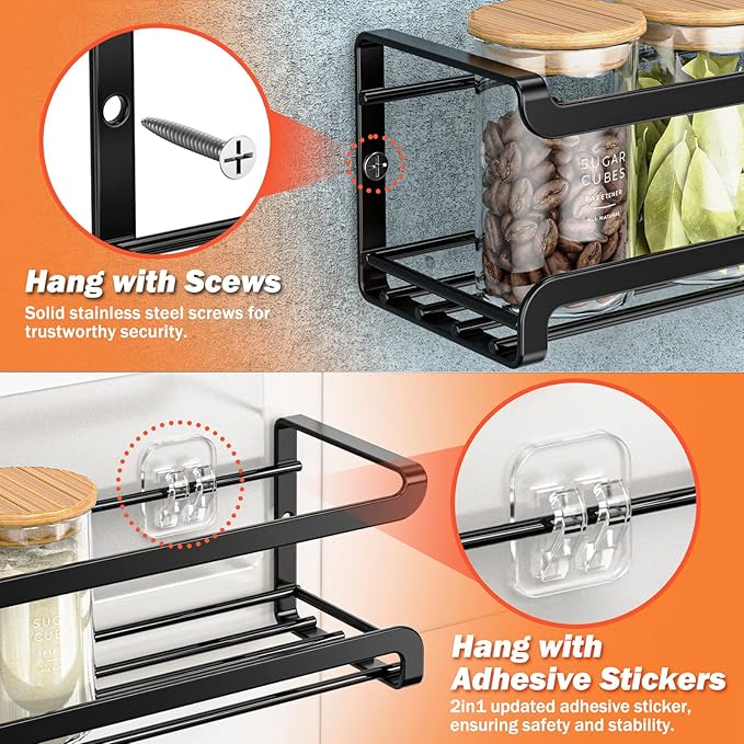 Bunoxea Spice Rack Wall Mounted 4 Pack, Black,For Spice Jars & Seasonings | 4 Removalble Hooks,Screw or Adhesive Hanging, Space-Saving,For Kitchen Cabinet, Pantry Door,Stove,RV Use,11.41x2.75x2.75in
