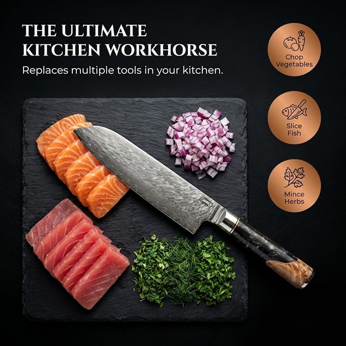 Tidal Black - 7" Santoku Knife - Damascus