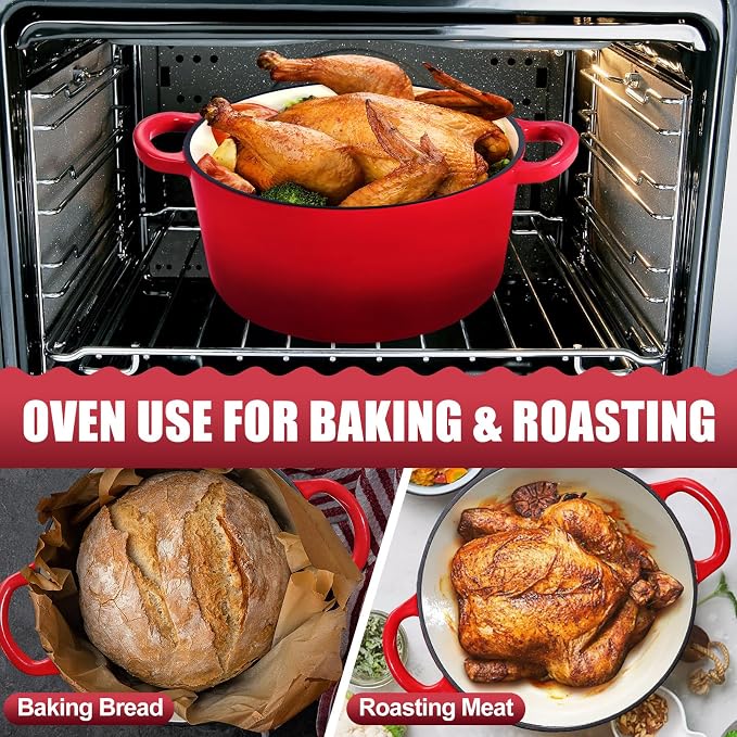P&P CHEF 7QT Enameled Dutch Oven, Cast Iron Dutch Oven Pot with Lid for Bread Baking, Enameled Casserole Pot for Roasting Braising Stewing Frying Simmering, Various Stoves & Easy Clean, Red