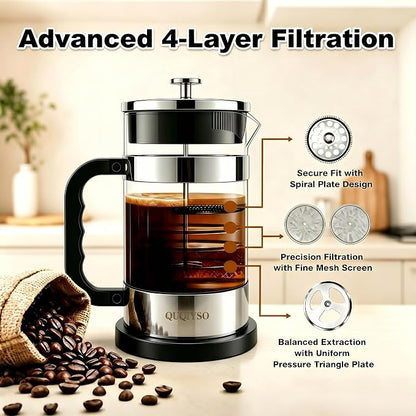QUQIYSO French Press Coffee Maker, 2.5mm Thick Borosilicate Glass, 4 Layer Stainless Steel Filter, BPA Free Cold Brew Coffee Maker & Teapot, Durable Coffee Press for Home, Travel, 34oz, Silver