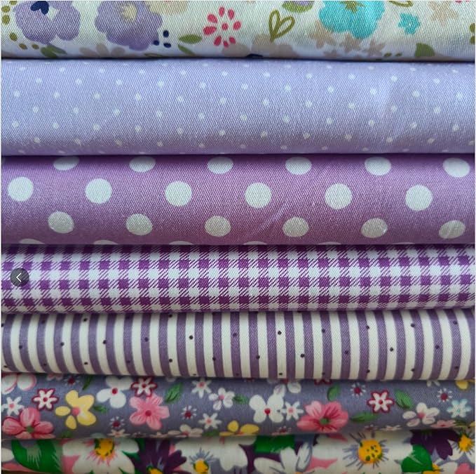 7Pcs 20" x 20" Cotton Fabric DIY Making Supplies Quilting Patchwork Fabric Fat Quarter Bundles DIY for Quilting Cotton Patchwork Cushions (Flowers Purple, 9.8 x 9.8 inches)