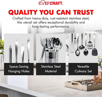 Chef Craft - 8 Piece Stainless Steel Kitchen Utensils Set with Utensil Holder
