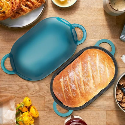 Enameled Cast Iron Oval Dutch Oven Pot with Lid, 5 QT Dutch Oven for Sourdough Bread Baking, Bread Loaf Pan with Lid & Bread Oven (Blue-Green)