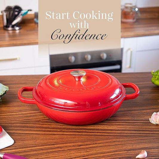 Shallow Cast Iron Casserole with Lid – Non Stick Dutch Oven Pot, Oven Safe up to 500° F – Sturdy Ovenproof Stockpot Cookware – Enamelled Cooking Pot – Red, 3.7-Quart, 30cm – by Nuovva