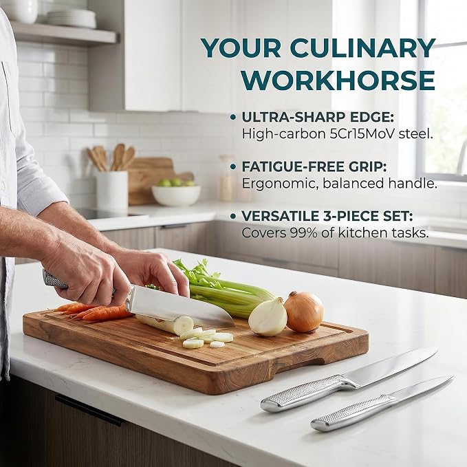 3-Piece Professional Chef Knife Set - 8" Chef, 7" Santoku, 5" Utility - Razor-Sharp 5Cr15MoV High-Carbon Stainless Steel, Full Tang & Non-Slip Handle - Gift-Ready for Home Kitchen & Chefs