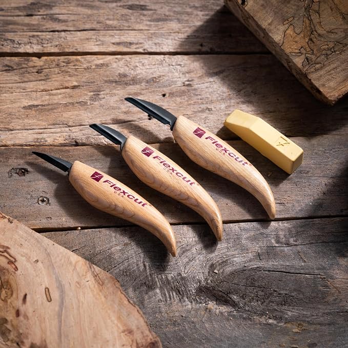 Flexcut Wood Carving Knives | Starter Set of 3 Woodcarving Knives | 1095 High Carbon Steel Blades | Ergonomic Ash Wood Handles for Beginners and Hobbyists | KN500 | Made in the U.S.A